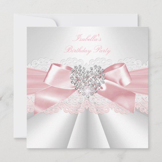 Pretty Pink White Diamond Heart Birthday Party Invitation (Front)