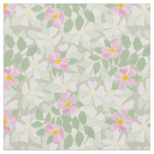 Pretty Pink White Dog Roses on Taupe Fabric