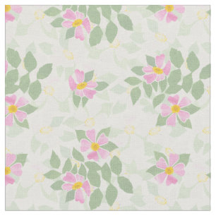 Pretty Pink White Dog Roses on White Fabric