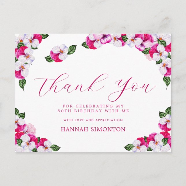 Pretty Pink White Floral 50th Birthday Thank You Postcard (Front)