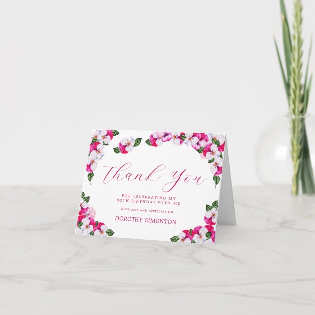 Pretty Pink White Floral 80th Birthday Thank You Card (Front)