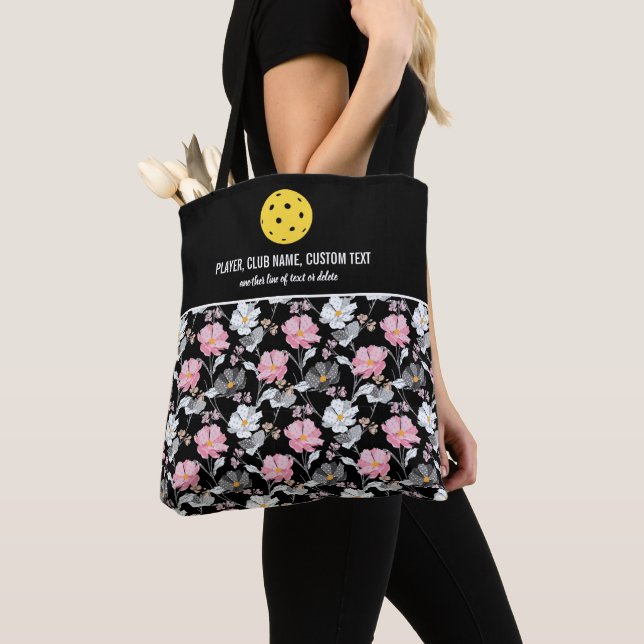 Pretty Pink White Floral Custom Pickleball Paddle Tote Bag (Close Up)