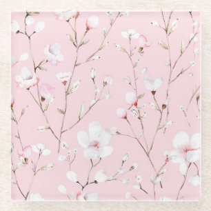 Pretty Pink White Floral Glass Coaster