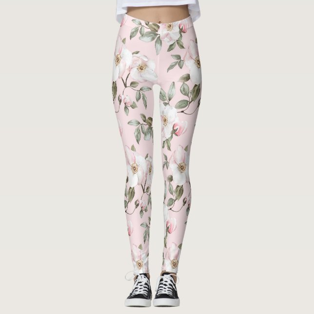 Pretty Pink White Floral Leggings (Front)