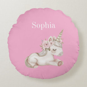 Pretty Pink White Floral Unicorn Round Pillow