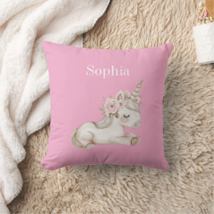 Pretty Pink White Floral Unicorn Throw Pillow