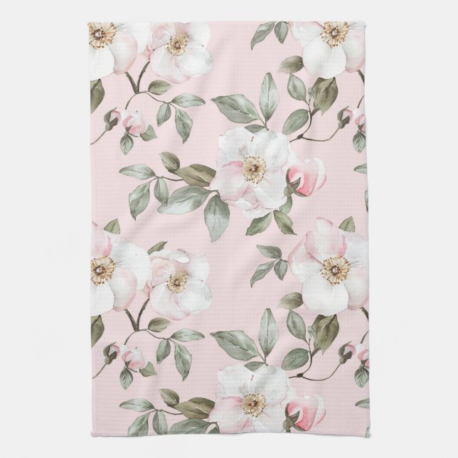 Pretty Pink White Flowers Bridal Shower Kitchen Towel (Vertical)