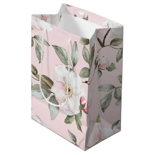 Pretty Pink White Flowers Bridal Shower Medium Gift Bag