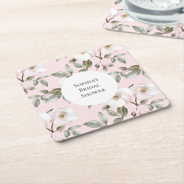 Pretty Pink White Flowers Bridal Shower Square Paper Coaster (Angled)