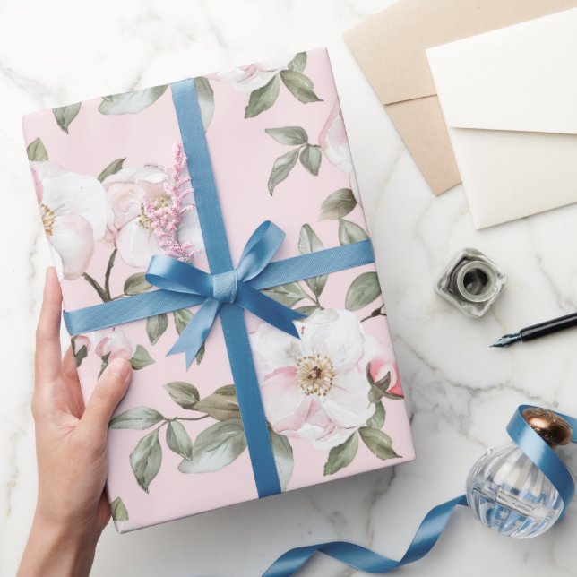 Pretty Pink White Flowers Bridal Shower Wrapping Paper (Gifting)