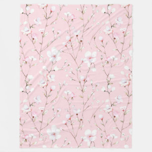 Pretty Pink White Flowers Fleece Blanket
