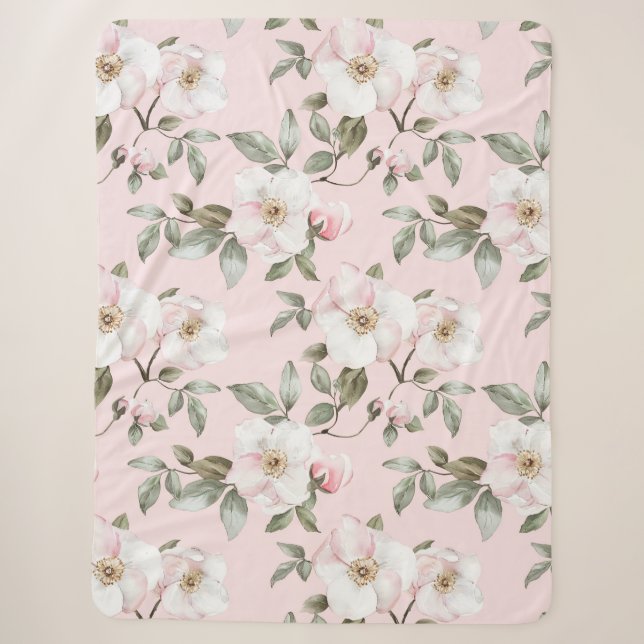 Pretty Pink White Flowers   Sherpa Blanket (Front)