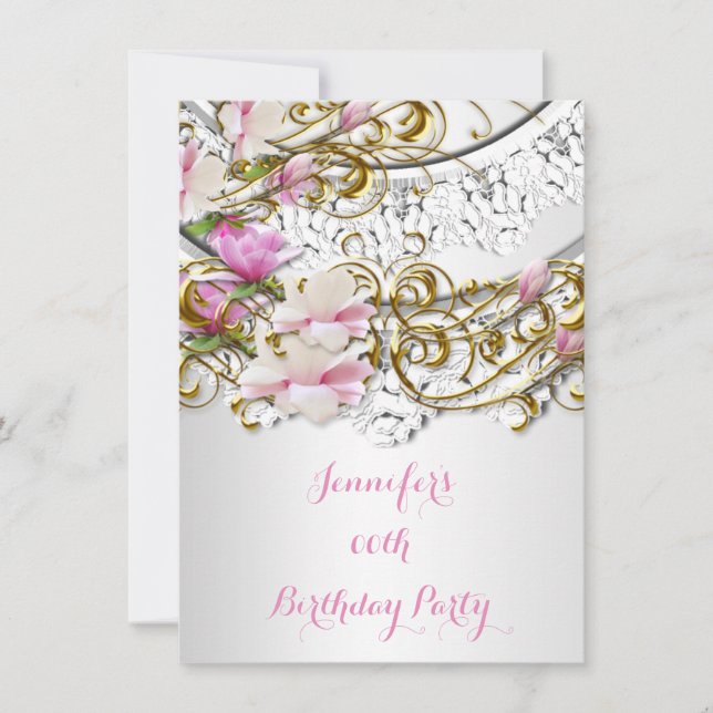 Pretty Pink White Gold Lace Floral Birthday Party Invitation (Front)