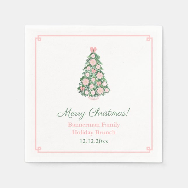 Pretty Pink White Holiday Tree Christmas Party Napkin (Front)