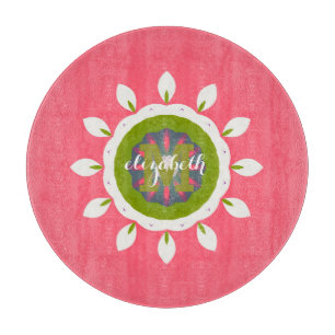 Pretty Pink White Petals Mandala Custom Name Cutting Board