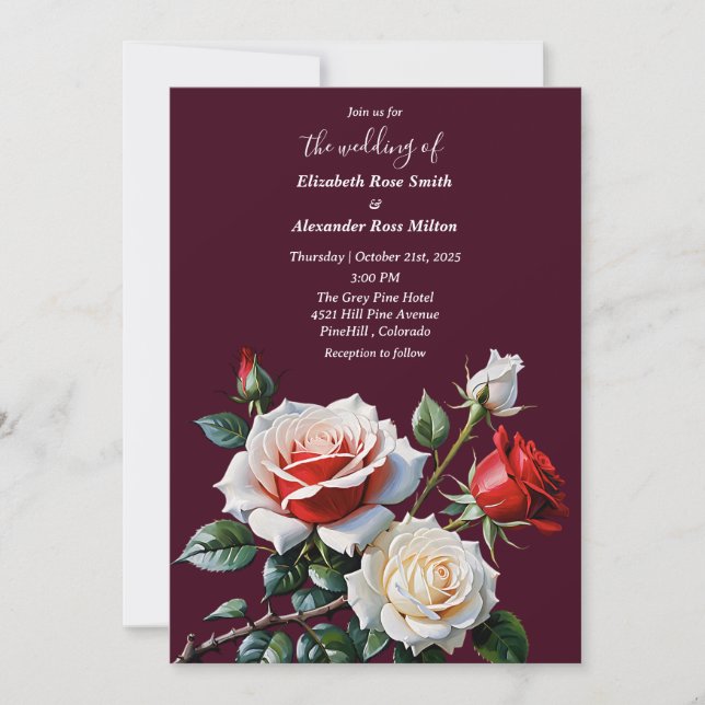 Pretty pink white red roses dark floral wedding invitation (Front)