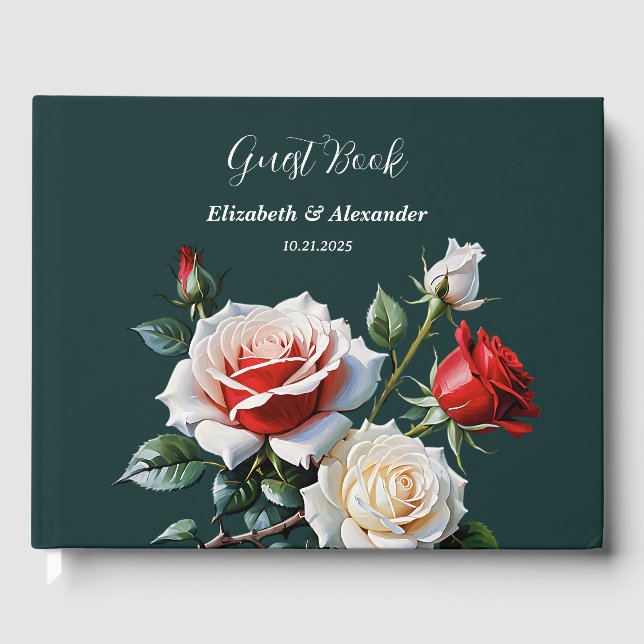 Pretty pink white red roses floral green wedding  guest book (Front)