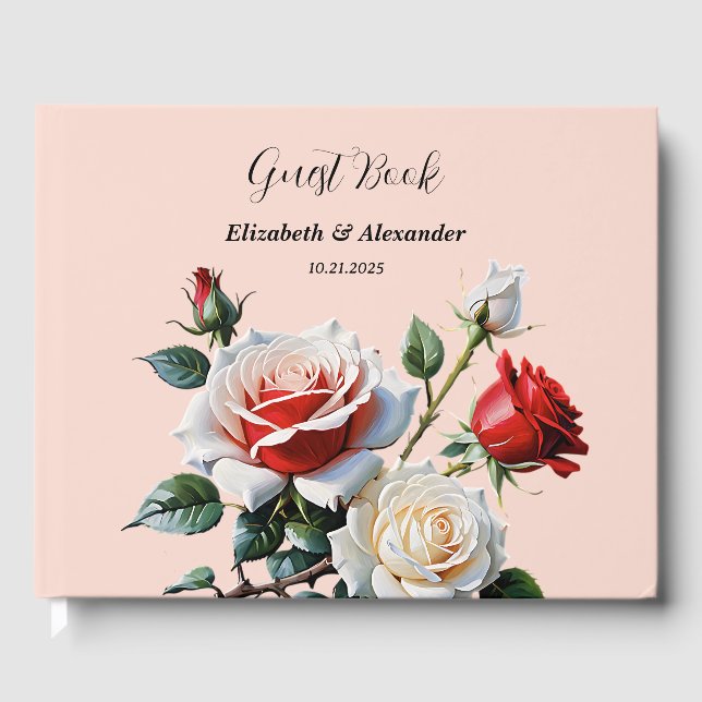 Pretty pink white red roses floral wedding  guest book (Front)