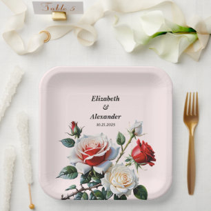 Pretty pink white red roses floral wedding paper plate