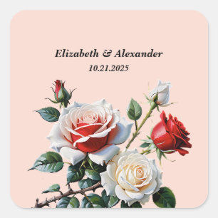 Pretty pink white red roses floral wedding square sticker