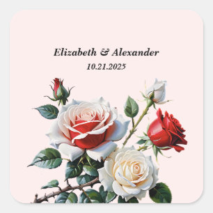 Pretty pink white red roses floral wedding square sticker