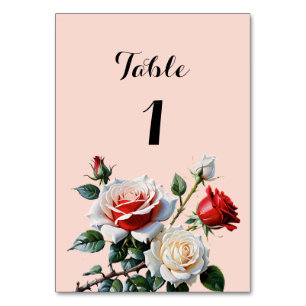 Pretty pink white red roses floral wedding table number
