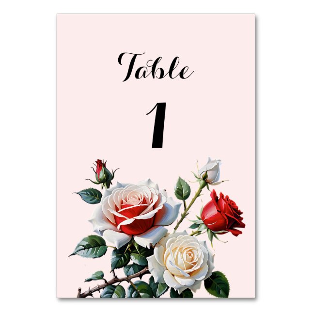 Pretty pink white red roses floral wedding table number (Front)