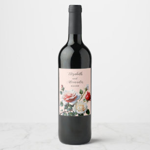 Pretty pink white red roses floral wedding  wine label