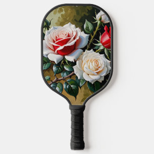 Pretty pink white red roses oil painting pickleball paddle