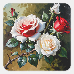 Pretty pink white red roses oil painting square sticker