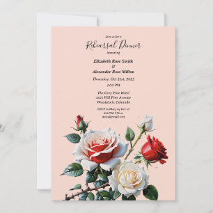 Pretty pink white red roses Rehearsal dinner Invitation