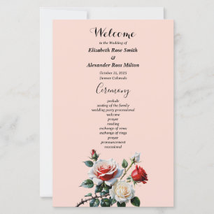 Pretty pink white red roses wedding program