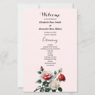 Pretty pink white red roses wedding program