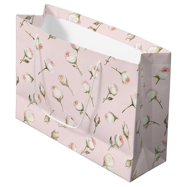 Pretty Pink White Roses Floral Bridal Shower Large Gift Bag (Front Angled)