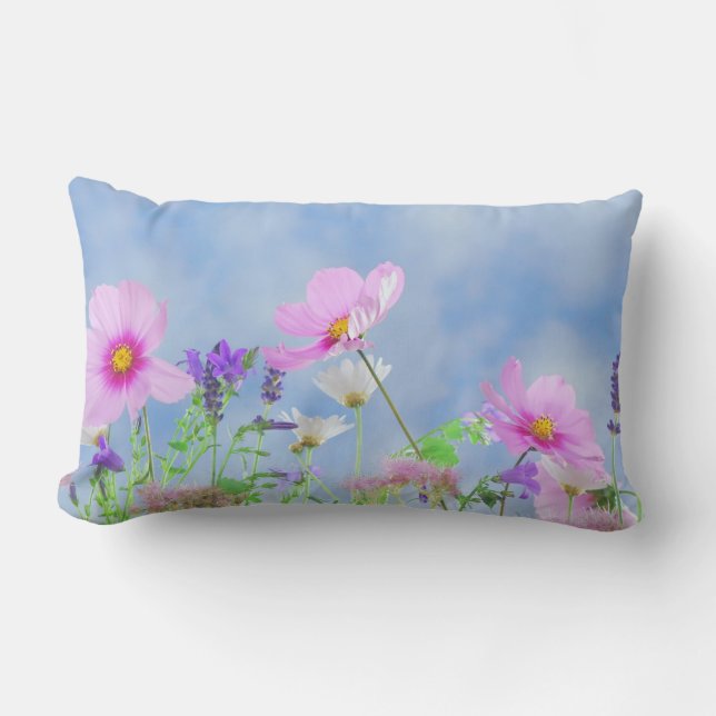 Pretty Pink Wild Flower Meadow Lumbar Pillow (Front)