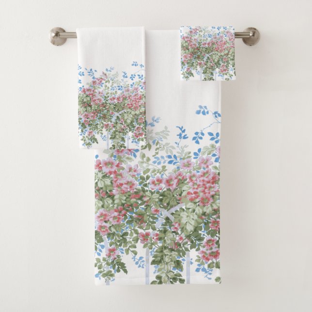 Pretty Pink Wild Roses and Foliage on Trellis Bath Towel Set (Insitu)