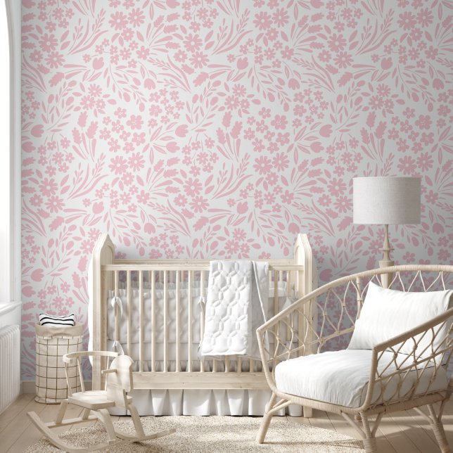 Pretty Pink Wildflowers Nursery Kids Room Wallpaper (Kids)