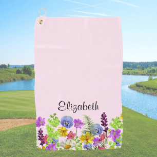 Pretty pink wildflowers with custom name womens golf towel