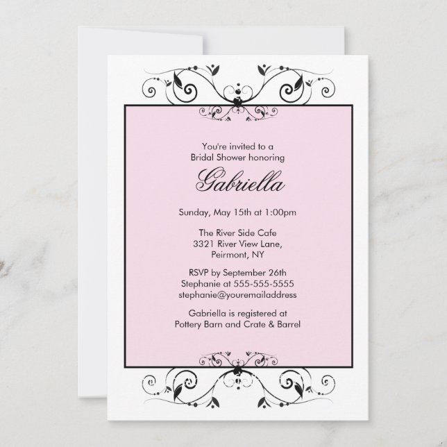 Pretty Pink with Black Scroll Bridal shower Invite (Front)
