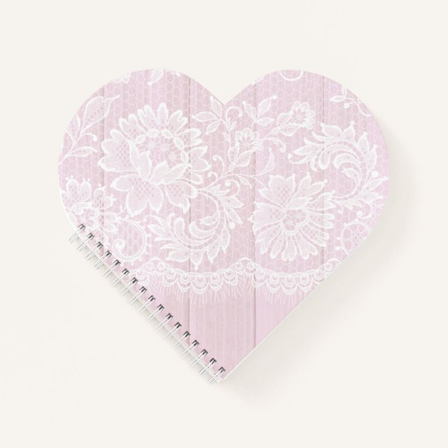 Pretty Pink Wood Lace Heart Shaped Wedding Notebook (Front)