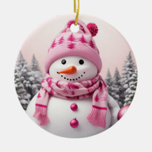 Pretty Pink Xmas Snowman Ceramic Ornament