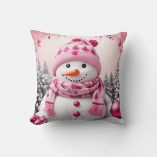 Pretty Pink Xmas Snowman Throw Pillow