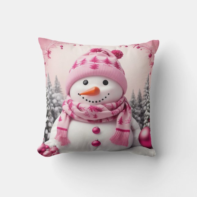 Pretty Pink Xmas Snowman Throw Pillow (Front)
