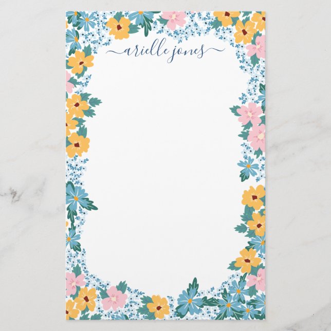Pretty Pink Yellow Blue Flower Frame Stationery (Front)