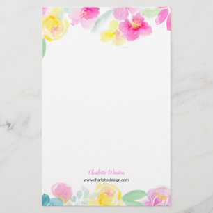 Pretty pink yellow loose floral watercolor flowers stationery