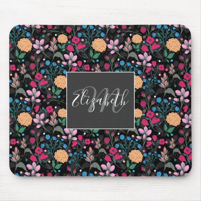 Pretty Pink & Yellow Small Floral Black Design Mouse Pad (Front)