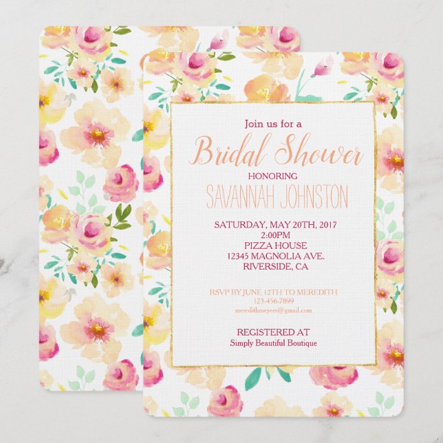 Pretty Pink Yellow Watercolor Flowers Invitation (Front/Back)