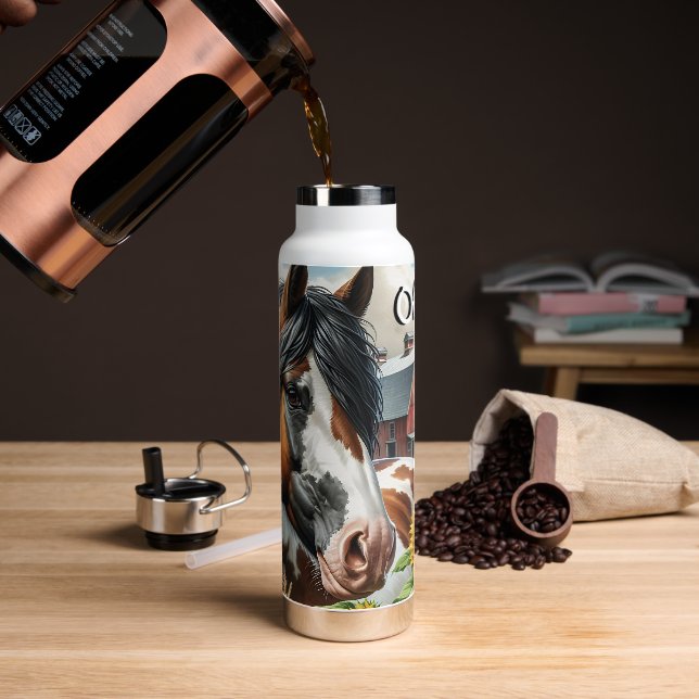 Pretty Pinto Brown and White Horse on Rustic Farm Water Bottle (Coffee)