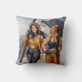 Pretty Pinup Girls Skiing Throw Pillow