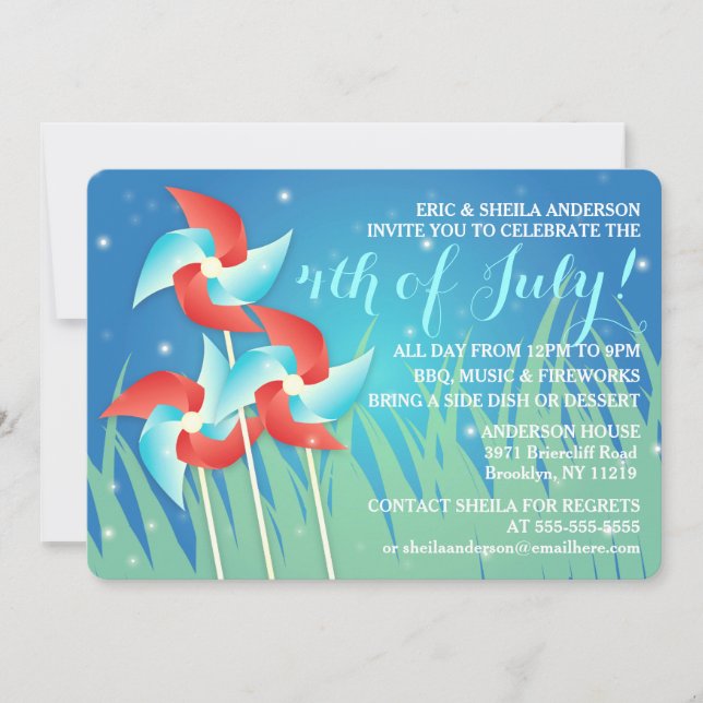 Pretty Pinwheels 4th of July Picnic Invitations (Front)